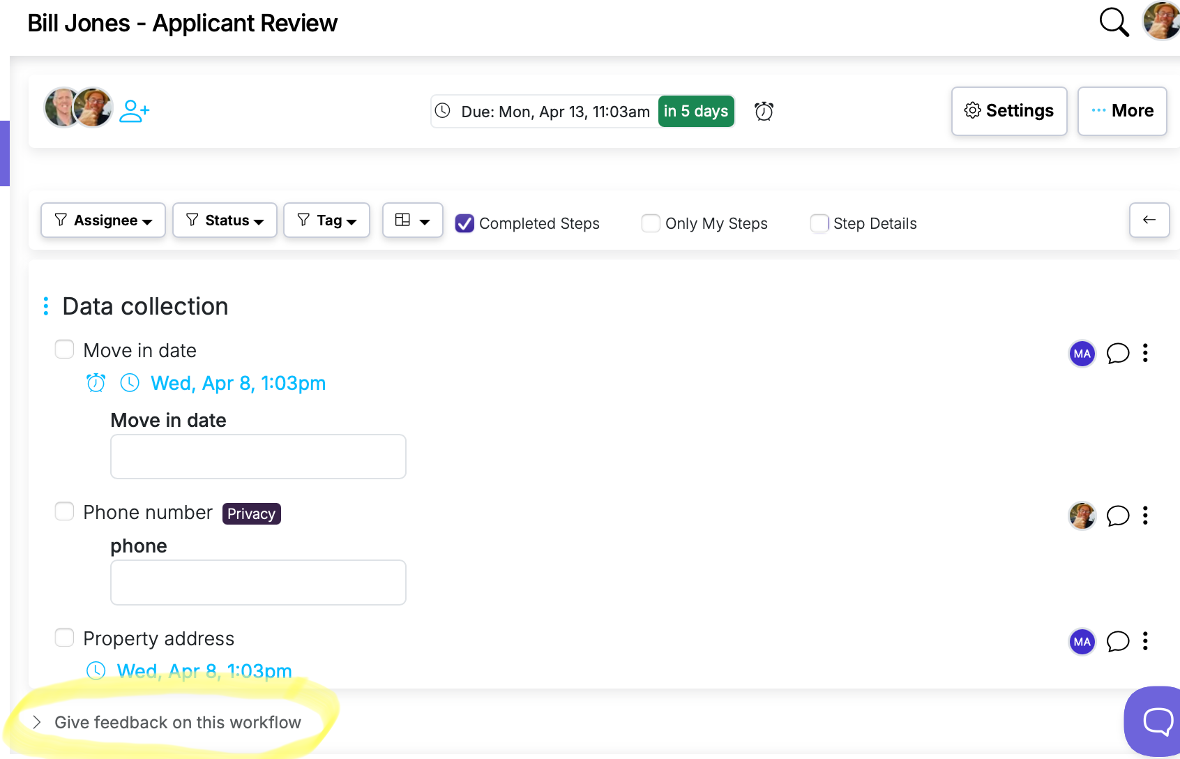 Worfklow feedback setting